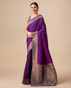 Monjolika Fashion Elegant Dark Purple Banarasi With Intricate Zari Work With Rich Brocade Patterns Silk Saree | Grocsy