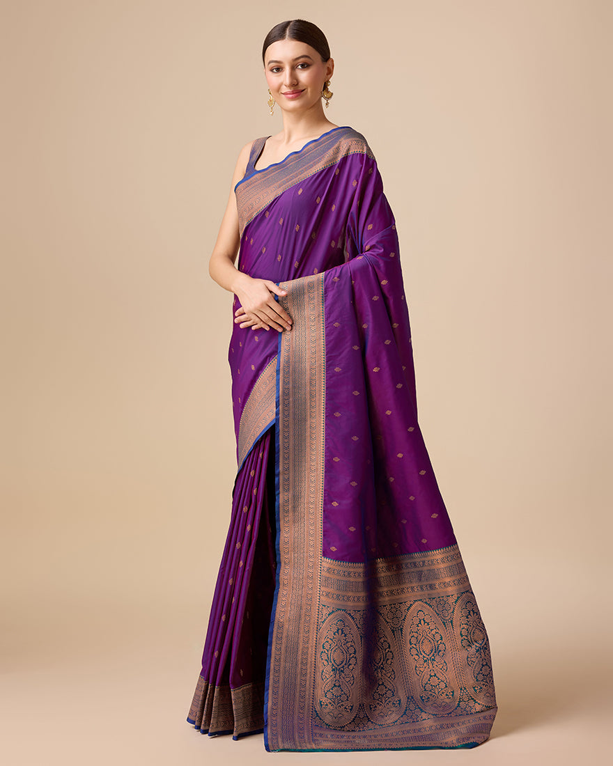 Monjolika Fashion Elegant Dark Purple Banarasi With Intricate Zari Work With Rich Brocade Patterns Silk Saree | Grocsy