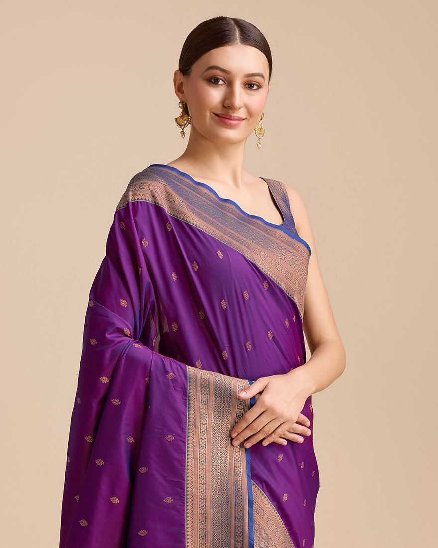 Monjolika Fashion Elegant Dark Purple Banarasi With Intricate Zari Work With Rich Brocade Patterns Silk Saree | Grocsy
