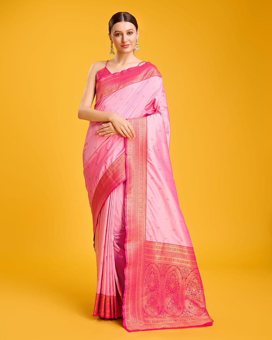 Monjolika Fashion Elegant Light Pink Banarasi With Intricate Zari Work With Rich Brocade Patterns Silk Saree | Grocsy