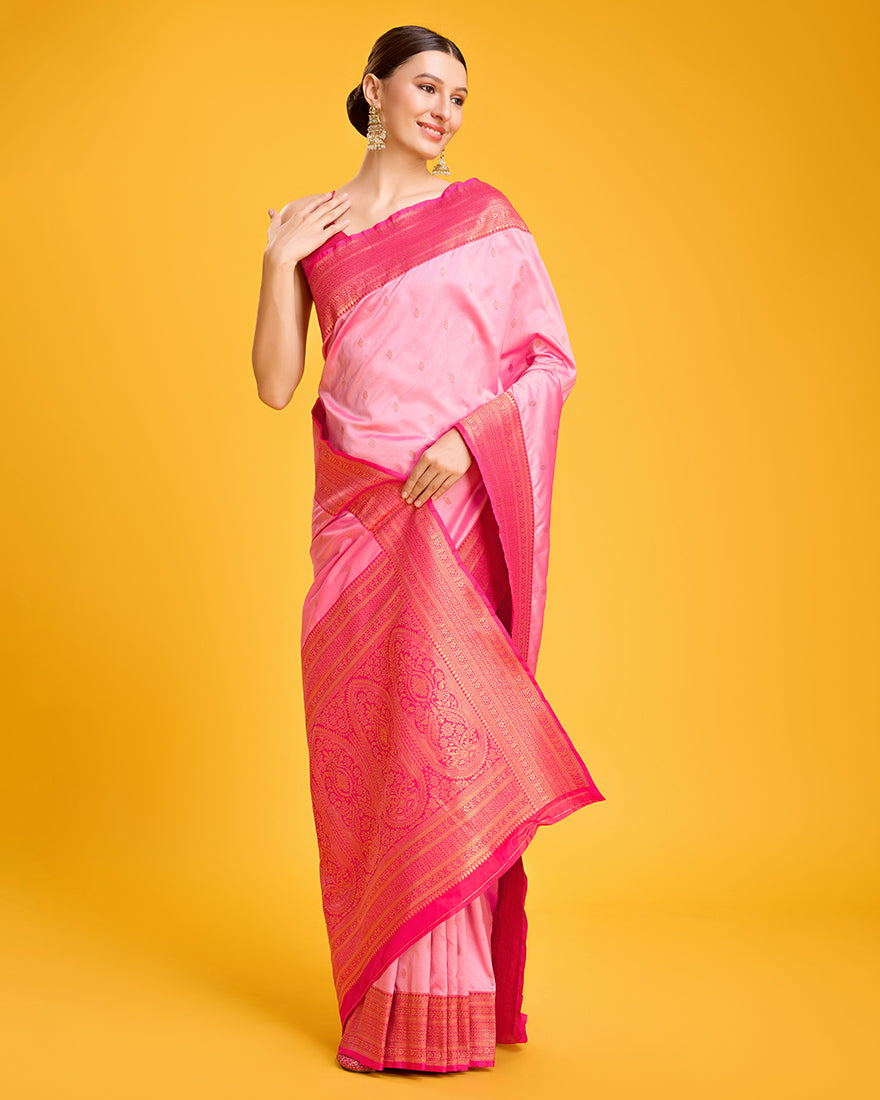 Monjolika Fashion Elegant Light Pink Banarasi With Intricate Zari Work With Rich Brocade Patterns Silk Saree | Grocsy