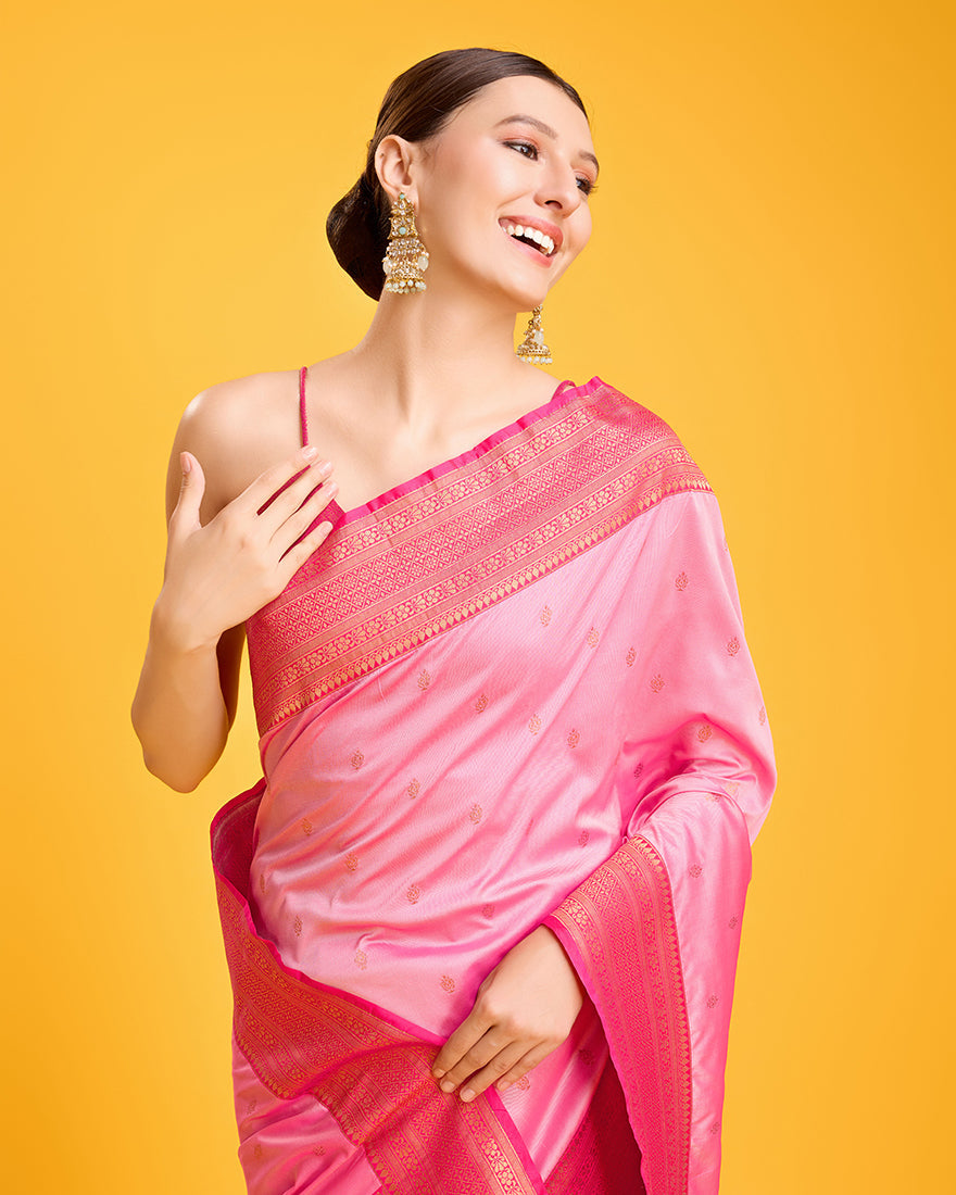 Monjolika Fashion Elegant Light Pink Banarasi With Intricate Zari Work With Rich Brocade Patterns Silk Saree | Grocsy
