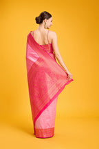 Monjolika Fashion Elegant Light Pink Banarasi With Intricate Zari Work With Rich Brocade Patterns Silk Saree | Grocsy