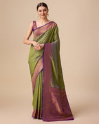 Monjolika Fashion Elegant Olive Green Banarasi With Intricate Zari Work With Rich Brocade Patterns Silk Saree | Grocsy