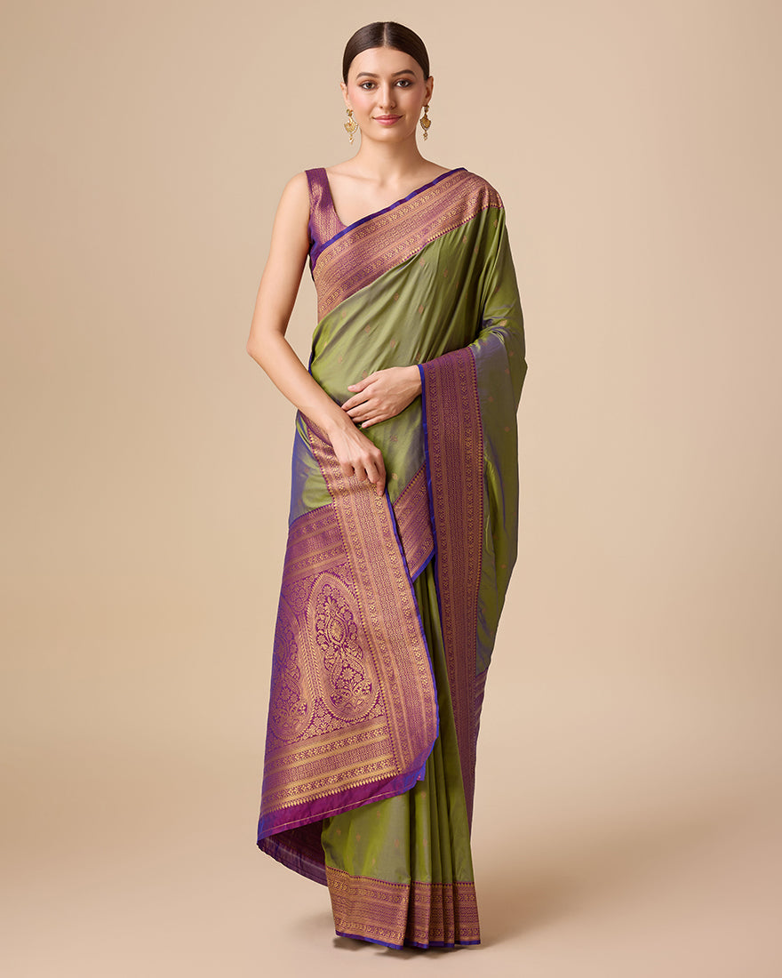 Monjolika Fashion Elegant Olive Green Banarasi With Intricate Zari Work With Rich Brocade Patterns Silk Saree | Grocsy