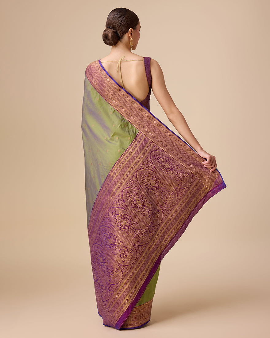 Monjolika Fashion Elegant Olive Green Banarasi With Intricate Zari Work With Rich Brocade Patterns Silk Saree | Grocsy
