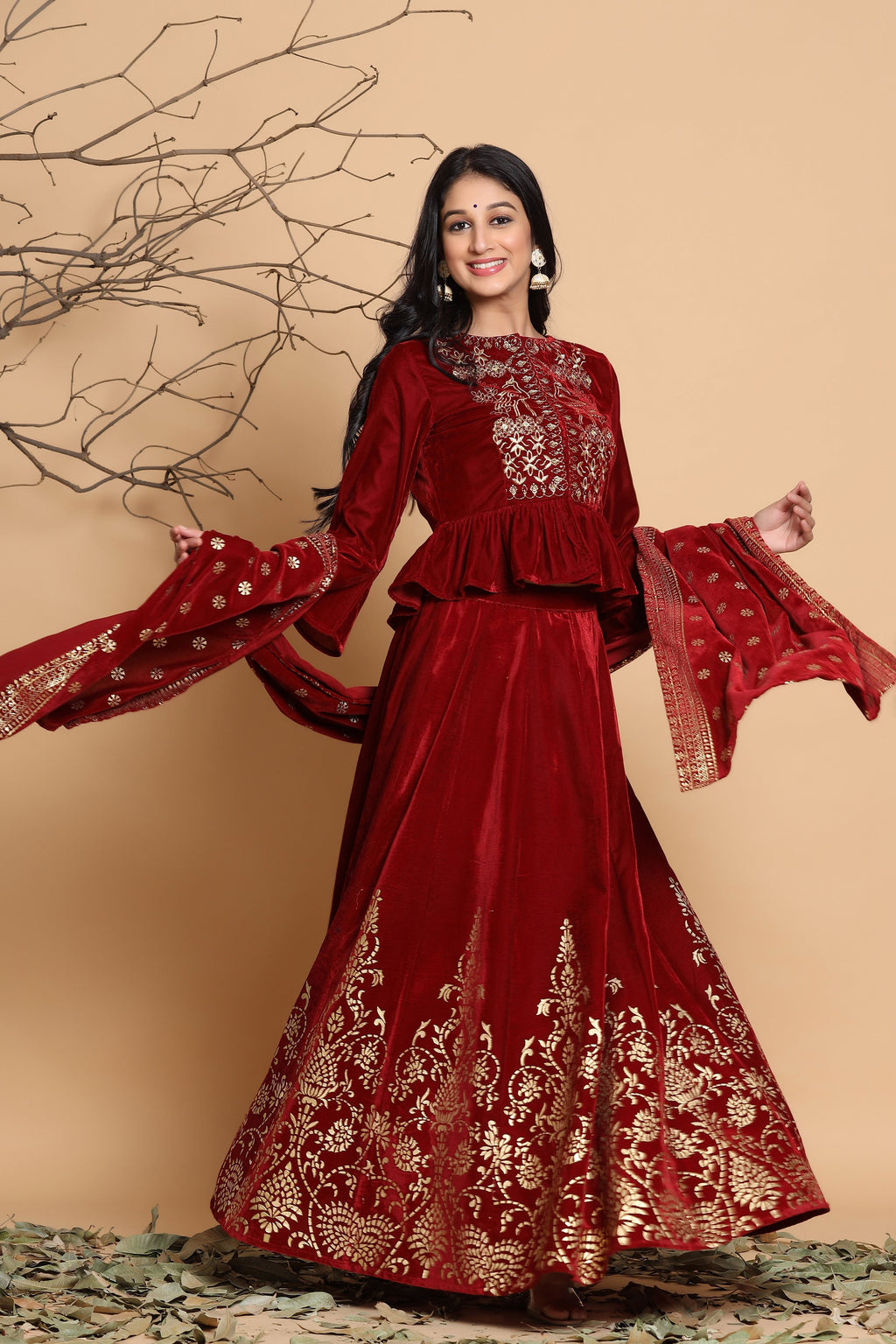 Juniper Maroon Velvet Ethnic Motif Printed Lehenga Choli & Dupatta Set | Grocsy