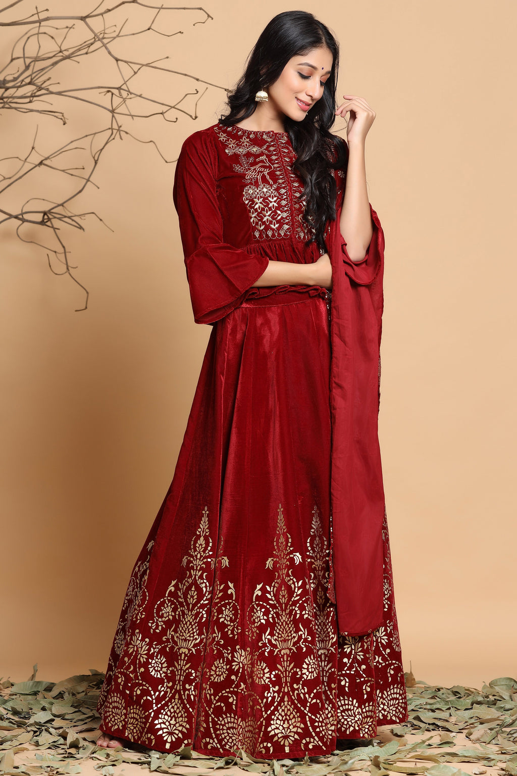Juniper Maroon Velvet Ethnic Motif Printed Lehenga Choli & Dupatta Set | Grocsy