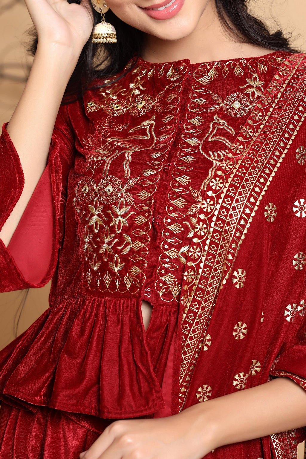 Juniper Maroon Velvet Ethnic Motif Printed Lehenga Choli & Dupatta Set | Grocsy