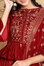 Juniper Maroon Velvet Ethnic Motif Printed Lehenga Choli & Dupatta Set | Grocsy