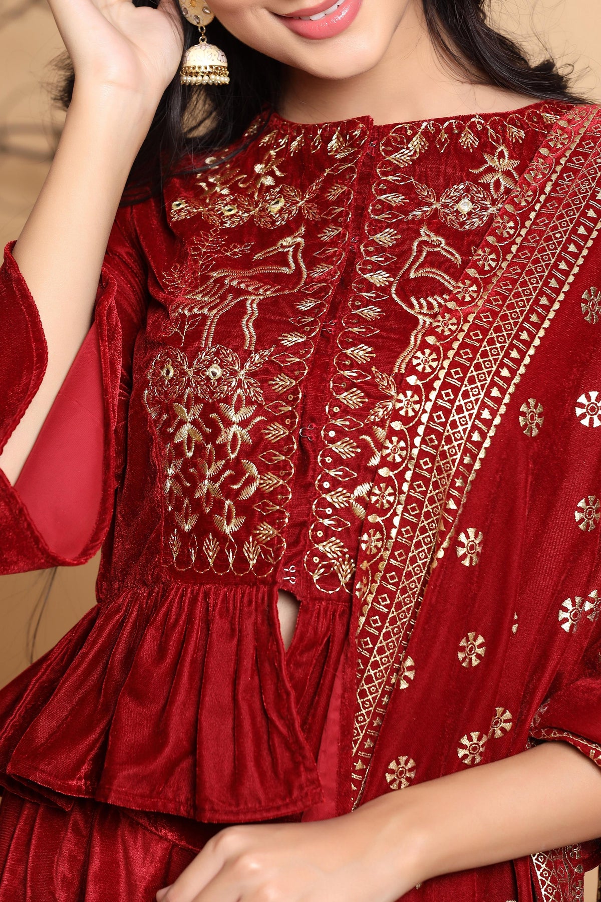 Juniper Maroon Velvet Ethnic Motif Printed Lehenga Choli & Dupatta Set | Grocsy