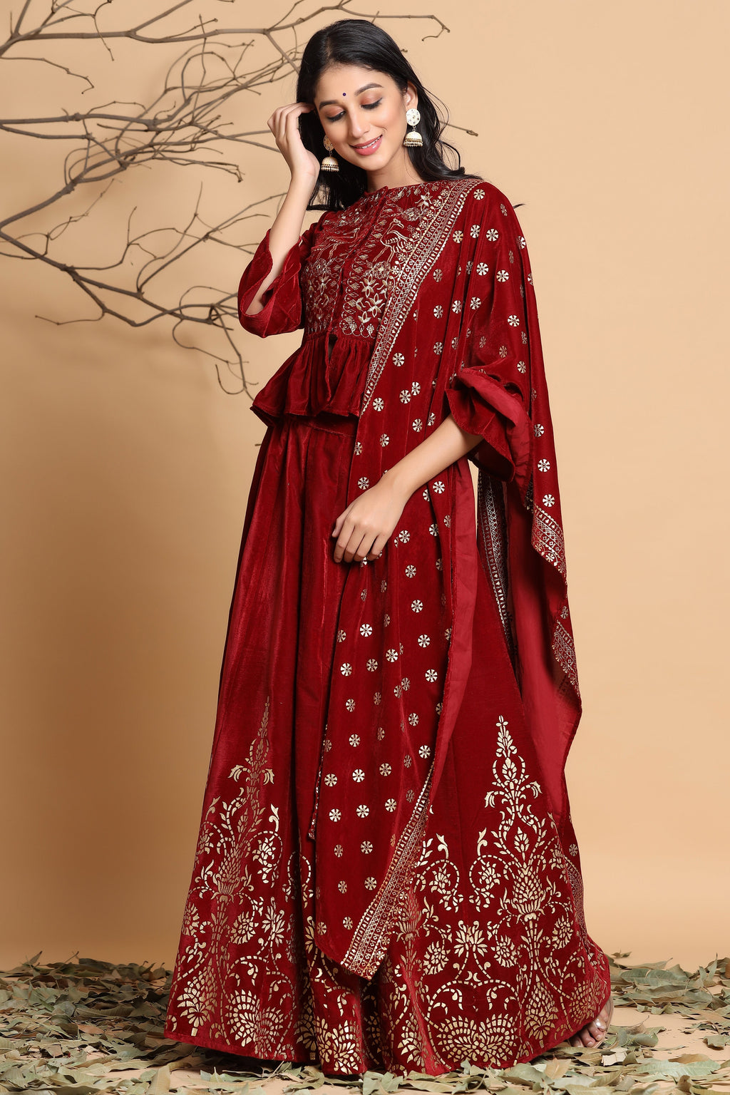 Juniper Maroon Velvet Ethnic Motif Printed Lehenga Choli & Dupatta Set | Grocsy