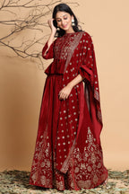 Juniper Maroon Velvet Ethnic Motif Printed Lehenga Choli & Dupatta Set | Grocsy