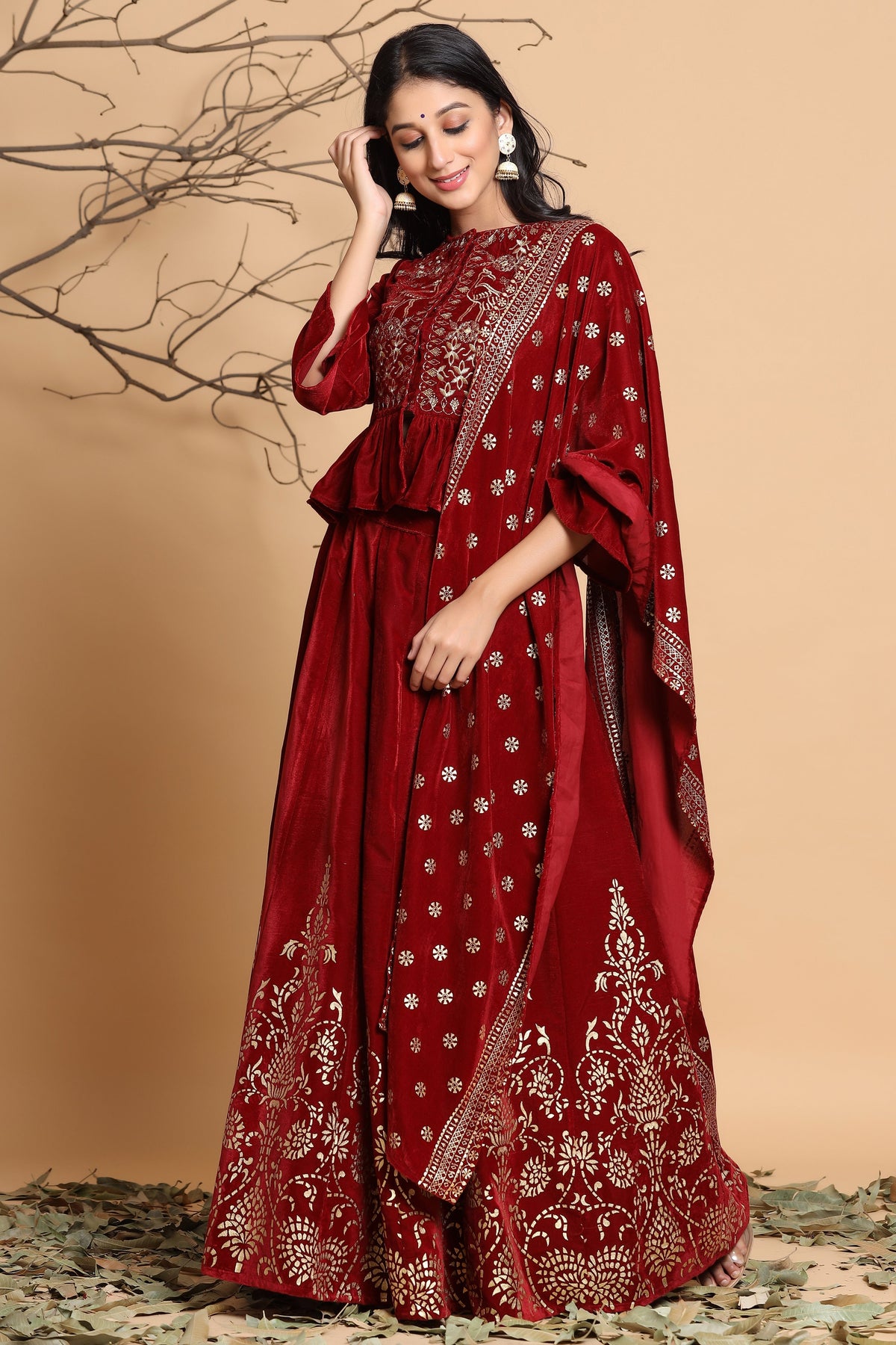 Juniper Maroon Velvet Ethnic Motif Printed Lehenga Choli & Dupatta Set | Grocsy