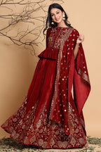 Juniper Maroon Velvet Ethnic Motif Printed Lehenga Choli & Dupatta Set | Grocsy