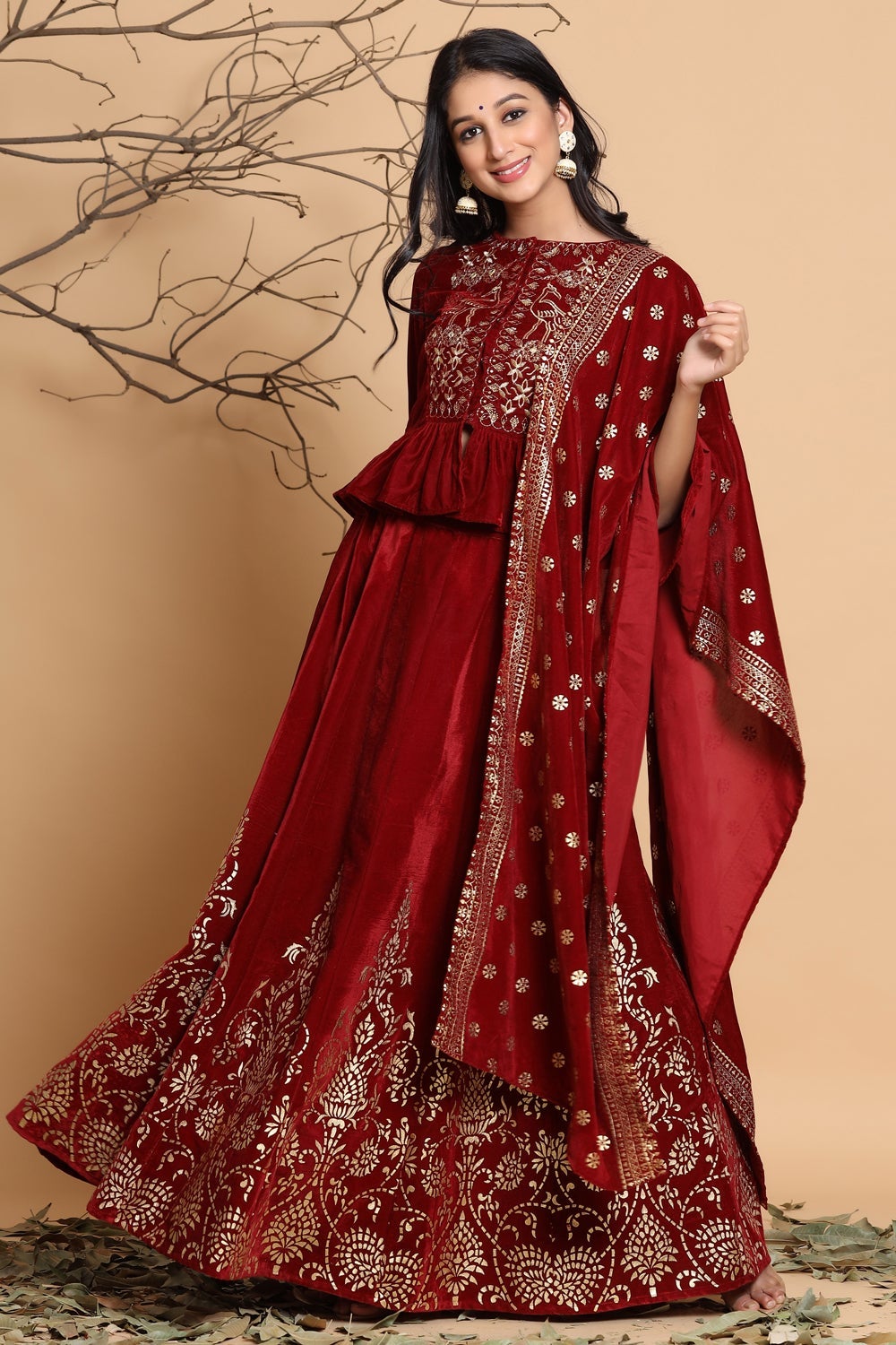 Juniper Maroon Velvet Ethnic Motif Printed Lehenga Choli & Dupatta Set | Grocsy