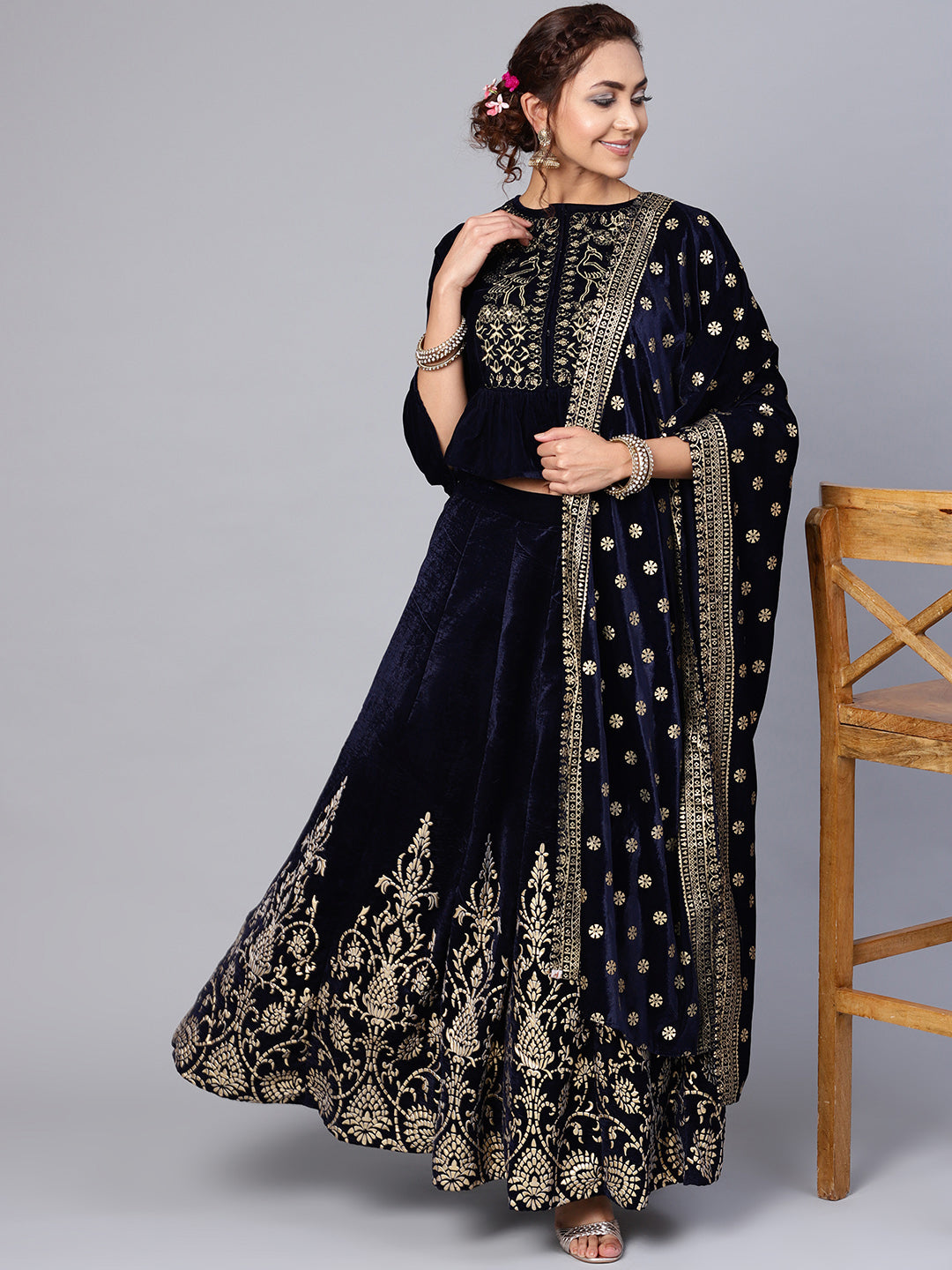 Indian Clothing Juniper Women Navy Velvet Embroidered Flared Lehenga Choli Sets | Grocsy