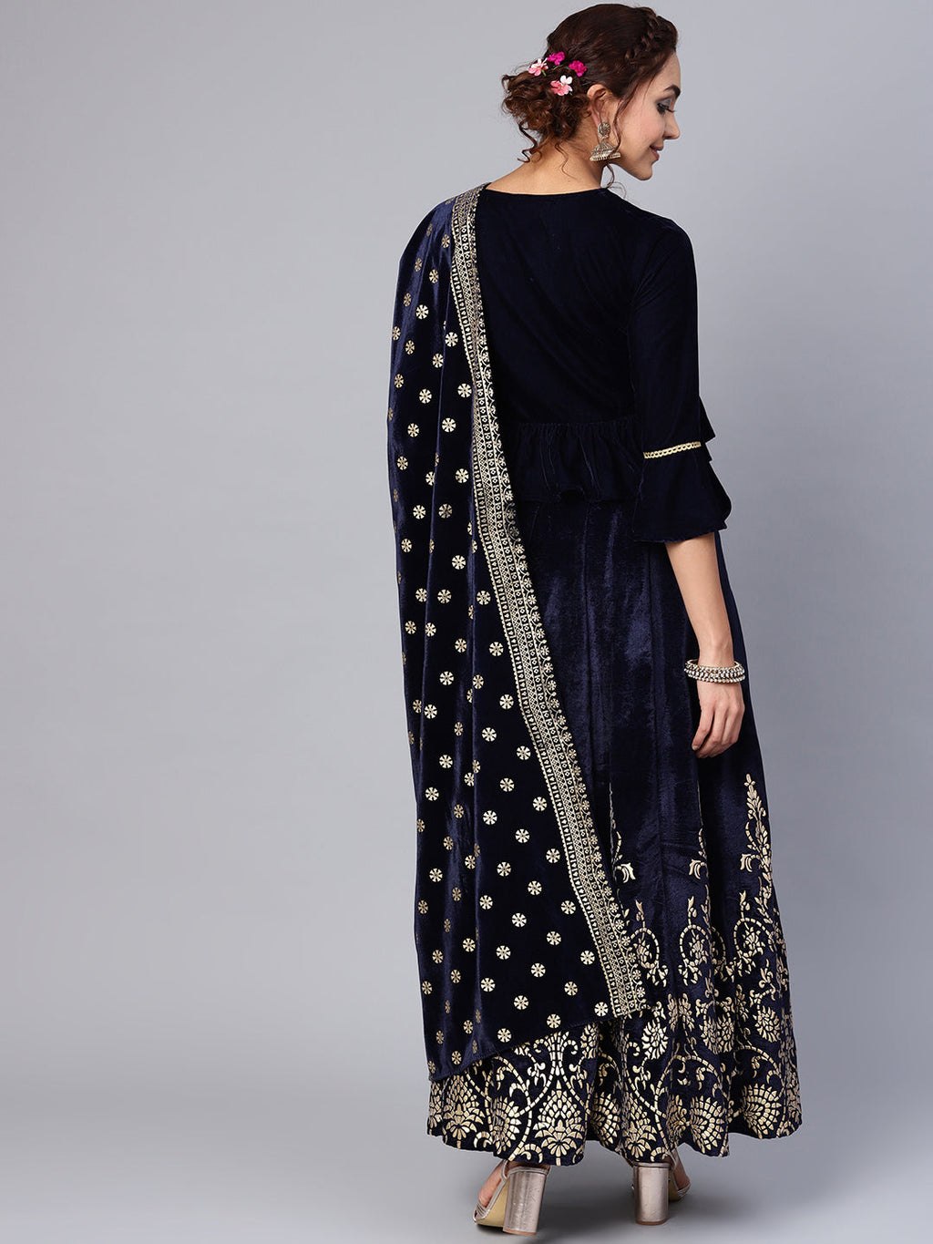 Indian Clothing Juniper Women Navy Velvet Embroidered Flared Lehenga Choli Sets | Grocsy
