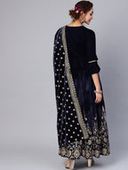 Indian Clothing Juniper Women Navy Velvet Embroidered Flared Lehenga Choli Sets | Grocsy