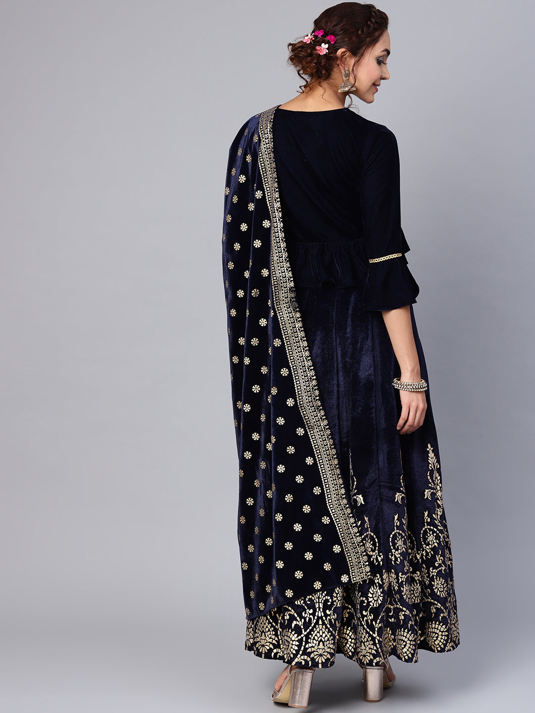 Indian Clothing Juniper Women Navy Velvet Embroidered Flared Lehenga Choli Sets | Grocsy