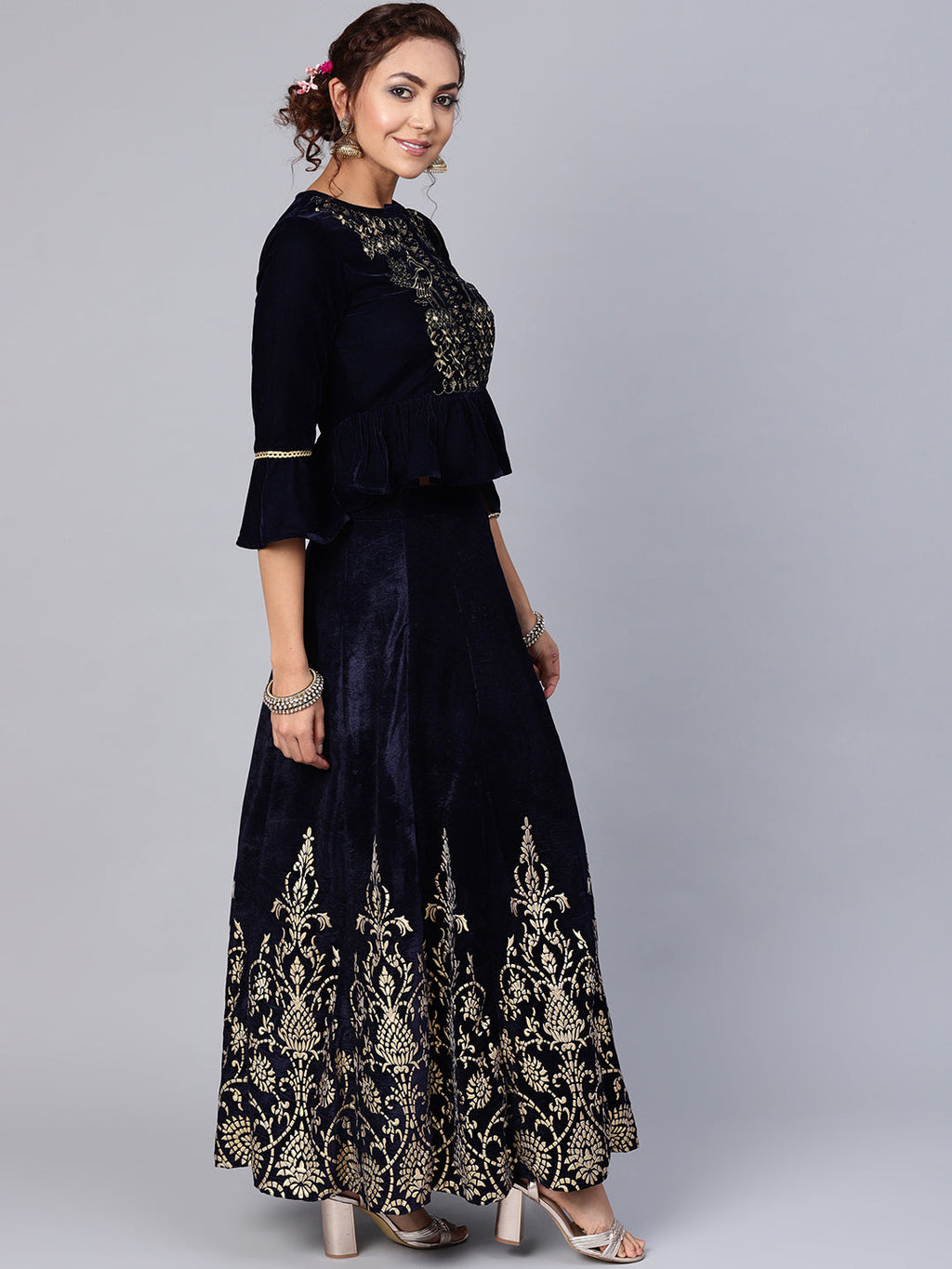 Indian Clothing Juniper Women Navy Velvet Embroidered Flared Lehenga Choli Sets | Grocsy