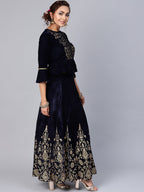 Indian Clothing Juniper Women Navy Velvet Embroidered Flared Lehenga Choli Sets | Grocsy