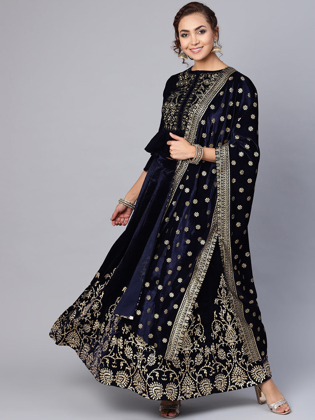 Indian Clothing Juniper Women Navy Velvet Embroidered Flared Lehenga Choli Sets | Grocsy