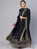 Indian Clothing Juniper Women Navy Velvet Embroidered Flared Lehenga Choli Sets | Grocsy