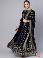 Indian Clothing Juniper Women Navy Velvet Embroidered Flared Lehenga Choli Sets | Grocsy
