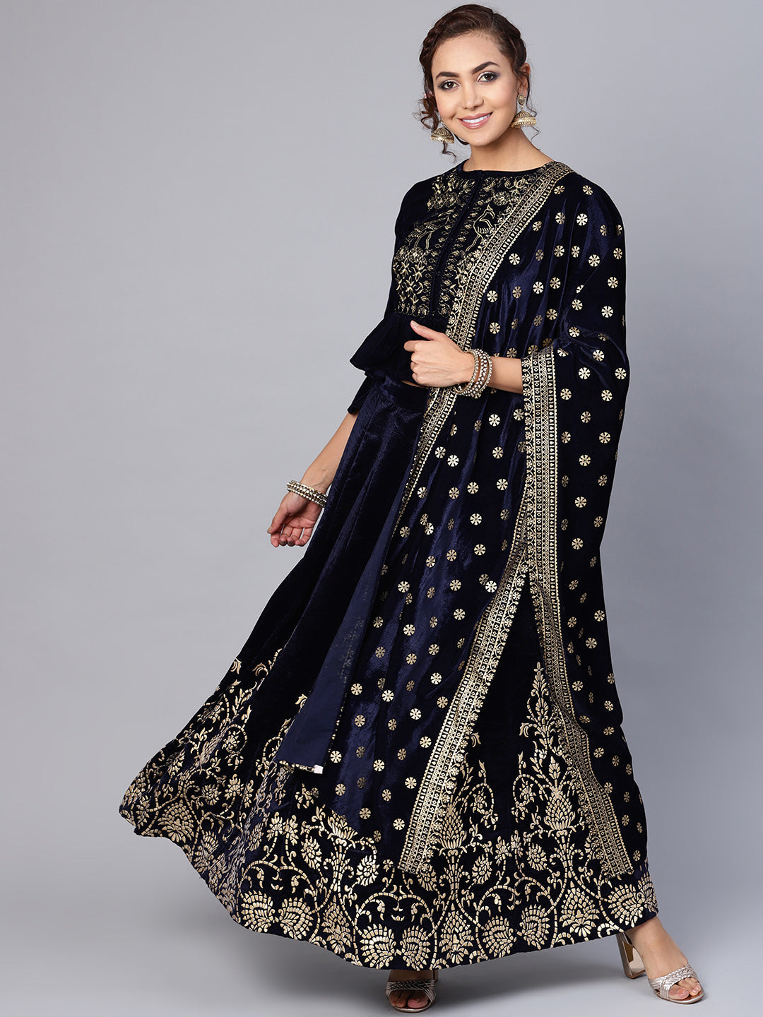 Indian Clothing Juniper Women Navy Velvet Embroidered Flared Lehenga Choli Sets | Grocsy