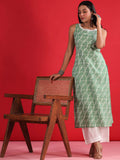 Indo Era Geometric Printed Round Neck Sleeveless Gotta Patti Cotton Straight Kurta | Grocsy