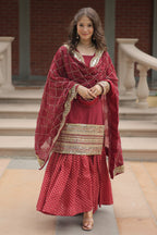 Vedant Vastram Heavy Embroidery & Sequins Work Pure Georgette Top Sharara Set With Dupatta - Maroon | Grocsy