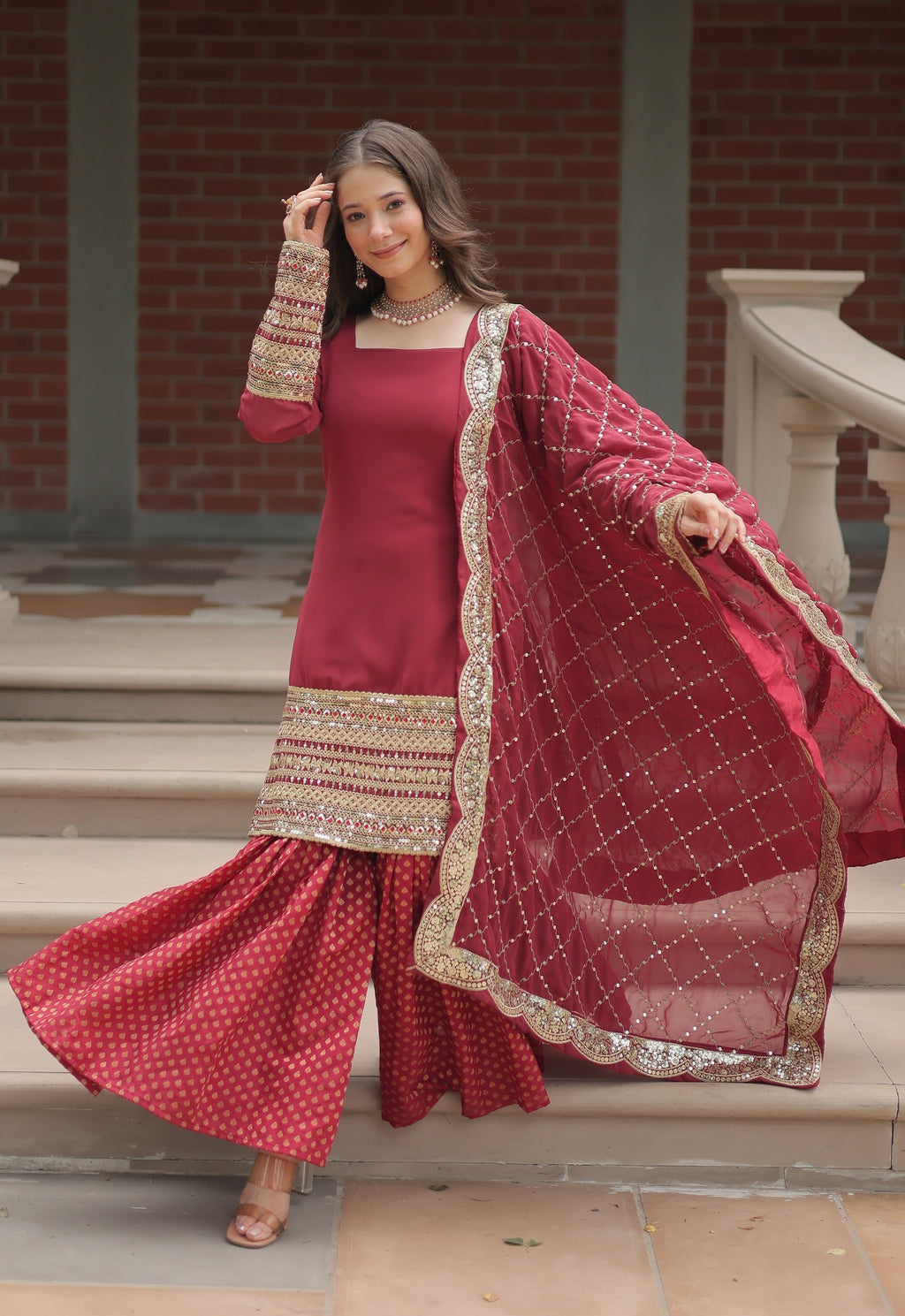 Vedant Vastram Heavy Embroidery & Sequins Work Pure Georgette Top Sharara Set With Dupatta - Maroon | Grocsy