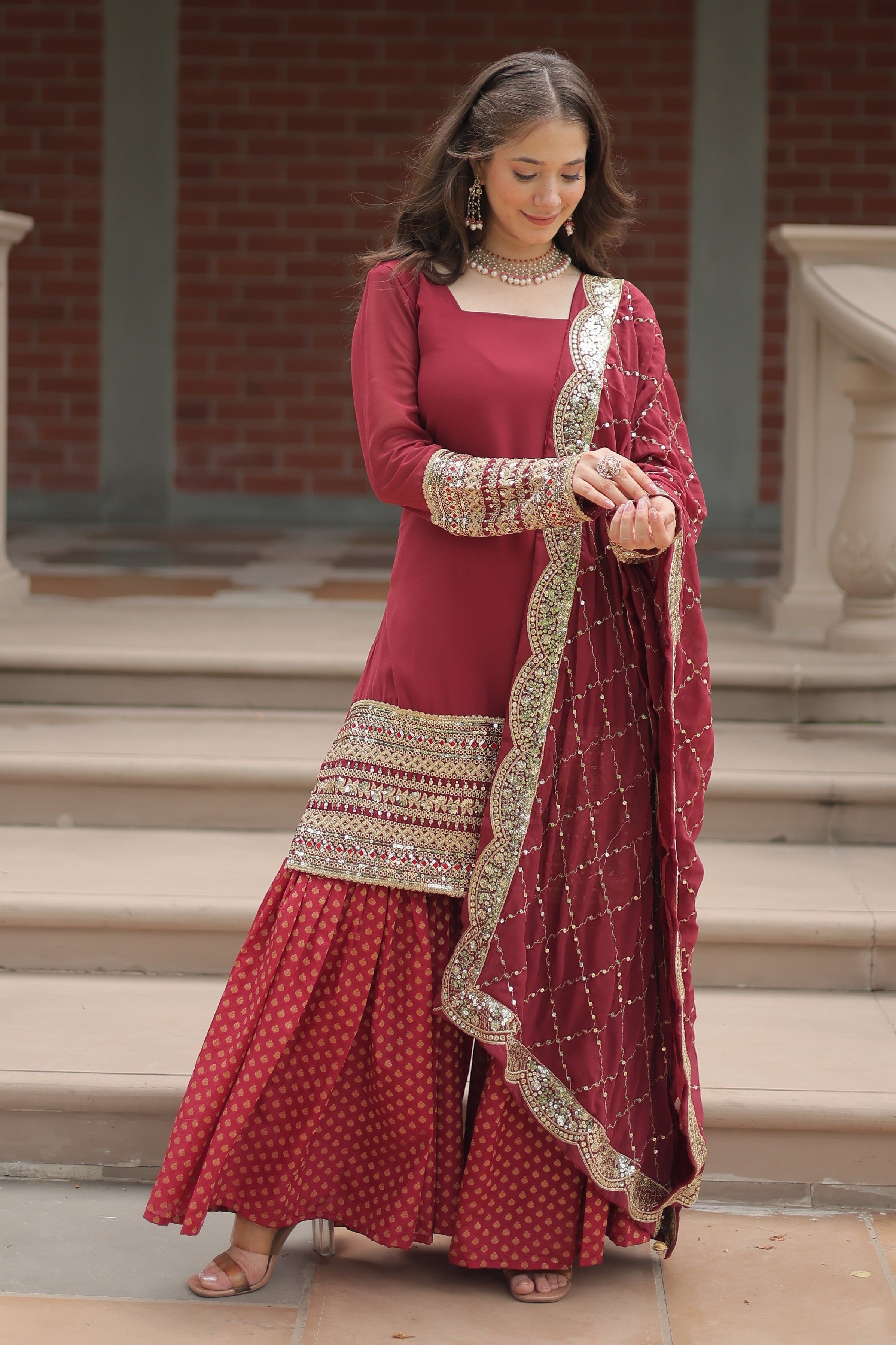 Vedant Vastram Heavy Embroidery & Sequins Work Pure Georgette Top Sharara Set With Dupatta - Maroon | Grocsy
