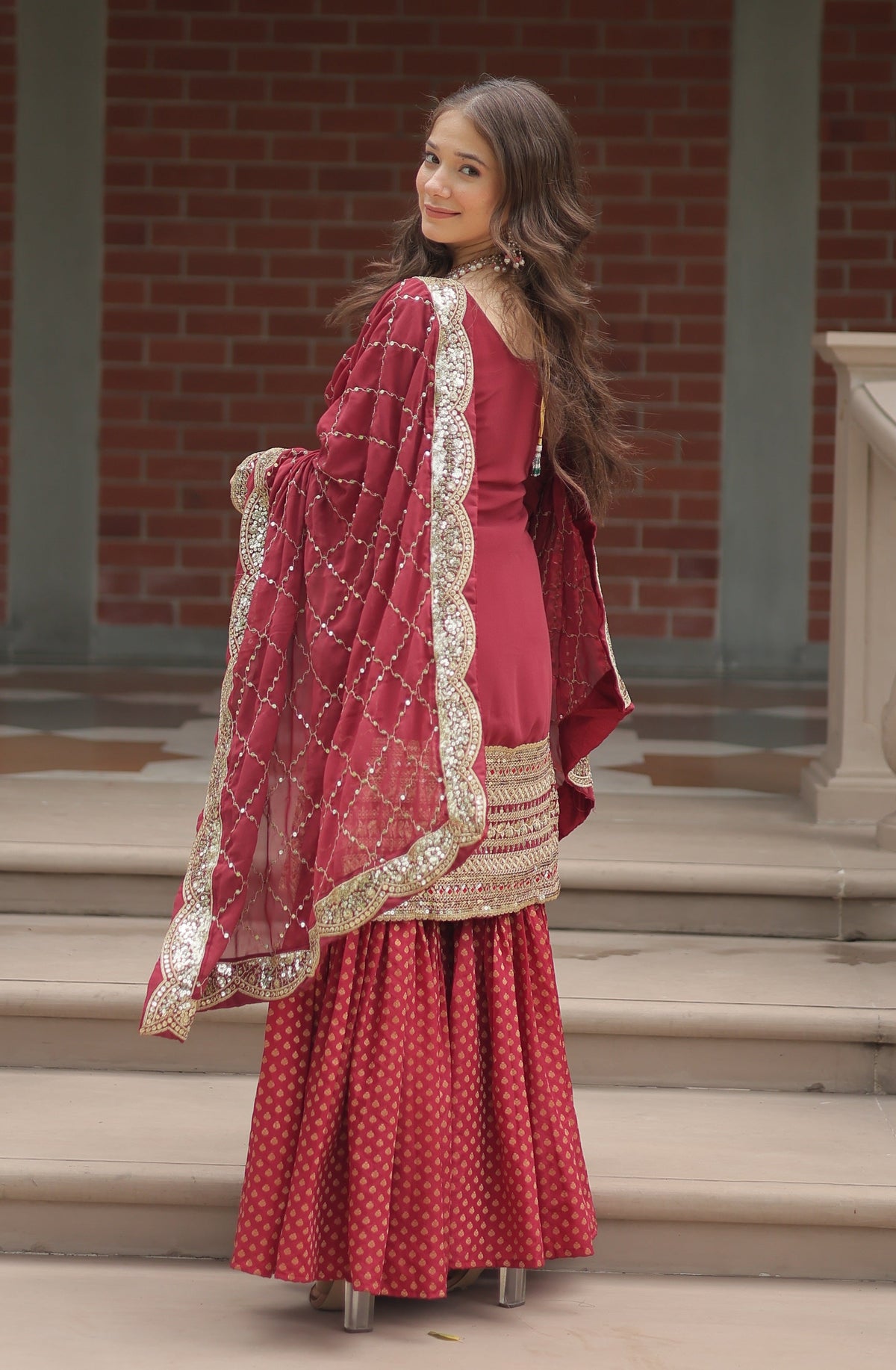 Vedant Vastram Heavy Embroidery & Sequins Work Pure Georgette Top Sharara Set With Dupatta - Maroon | Grocsy