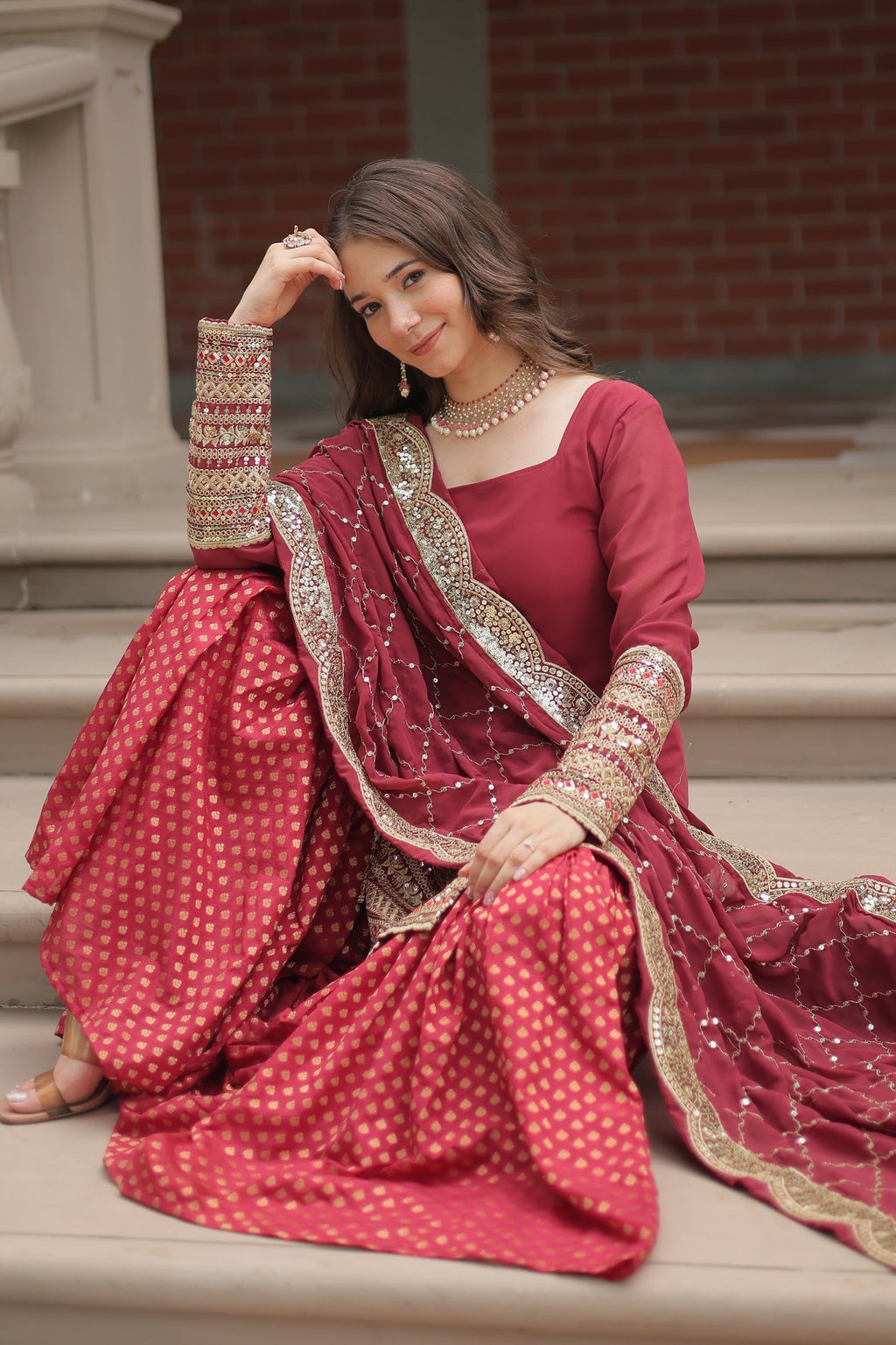 Vedant Vastram Heavy Embroidery & Sequins Work Pure Georgette Top Sharara Set With Dupatta - Maroon | Grocsy