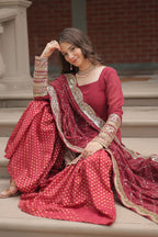 Vedant Vastram Heavy Embroidery & Sequins Work Pure Georgette Top Sharara Set With Dupatta - Maroon | Grocsy