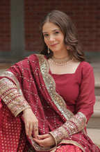 Vedant Vastram Heavy Embroidery & Sequins Work Pure Georgette Top Sharara Set With Dupatta - Maroon | Grocsy