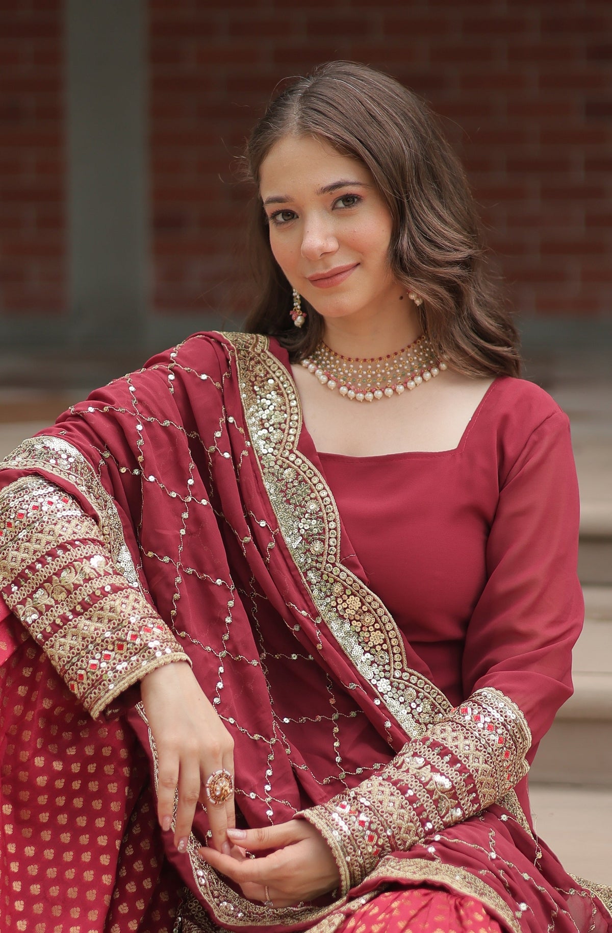 Vedant Vastram Heavy Embroidery & Sequins Work Pure Georgette Top Sharara Set With Dupatta - Maroon | Grocsy
