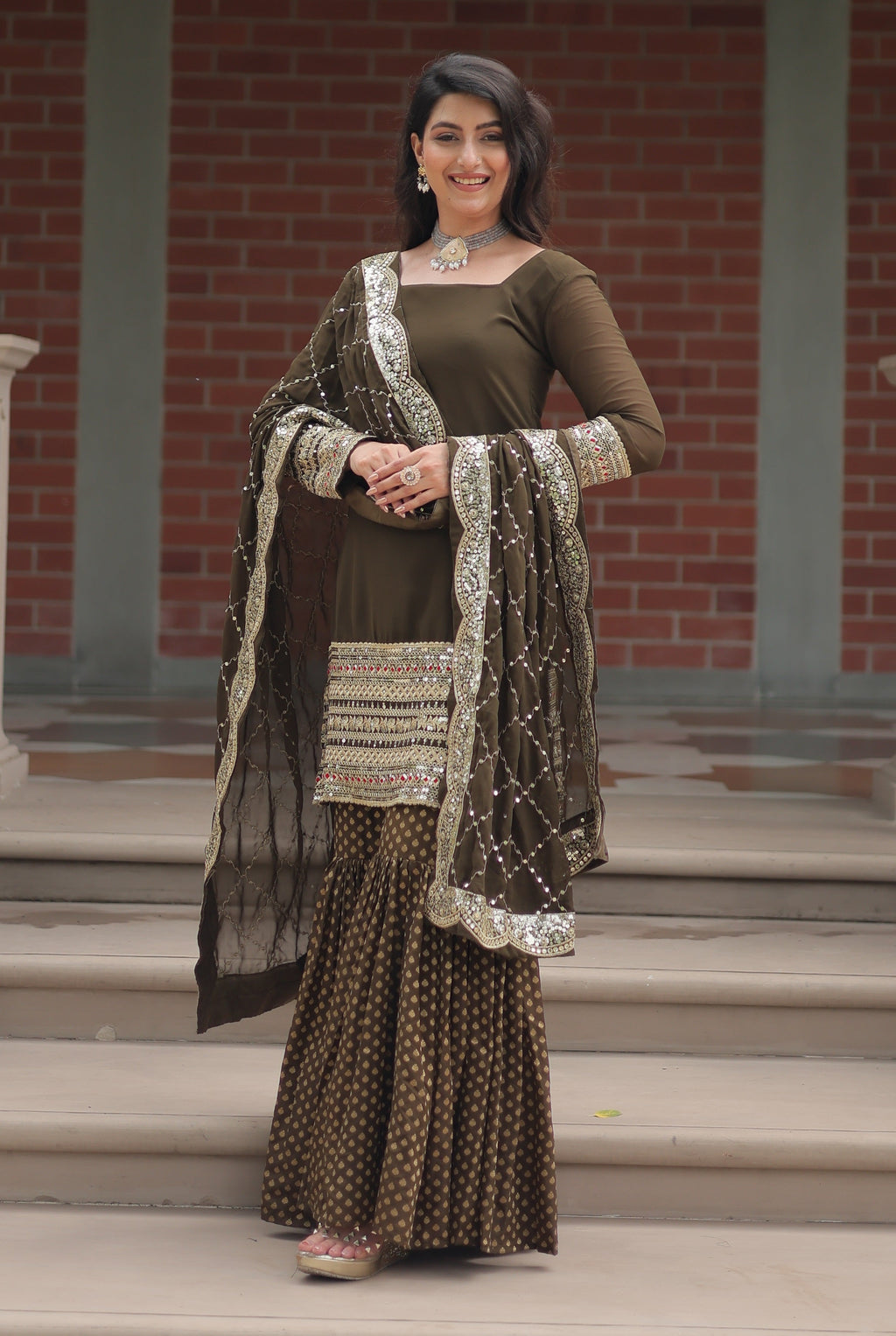 Vedant Vastram Heavy Embroidery & Sequins Work Pure Georgette Top Sharara Set With Dupatta - Mehendi | Grocsy