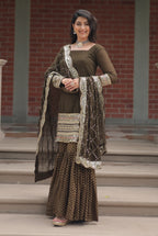 Vedant Vastram Heavy Embroidery & Sequins Work Pure Georgette Top Sharara Set With Dupatta - Mehendi | Grocsy