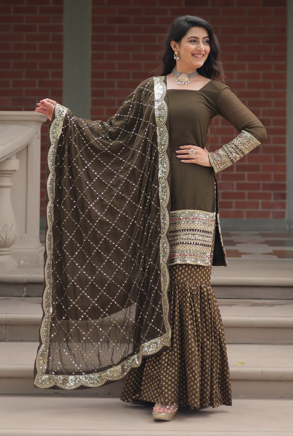 Vedant Vastram Heavy Embroidery & Sequins Work Pure Georgette Top Sharara Set With Dupatta - Mehendi | Grocsy