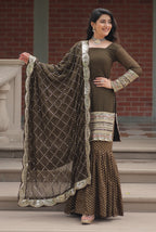 Vedant Vastram Heavy Embroidery & Sequins Work Pure Georgette Top Sharara Set With Dupatta - Mehendi | Grocsy