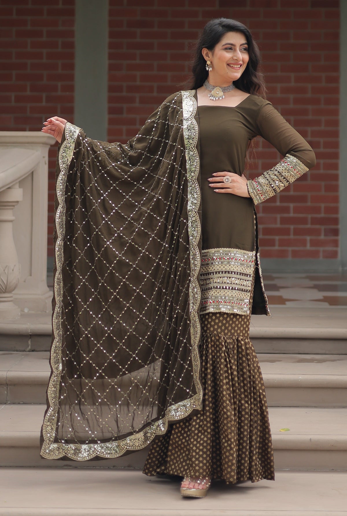 Vedant Vastram Heavy Embroidery & Sequins Work Pure Georgette Top Sharara Set With Dupatta - Mehendi | Grocsy