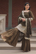 Vedant Vastram Heavy Embroidery & Sequins Work Pure Georgette Top Sharara Set With Dupatta - Mehendi | Grocsy