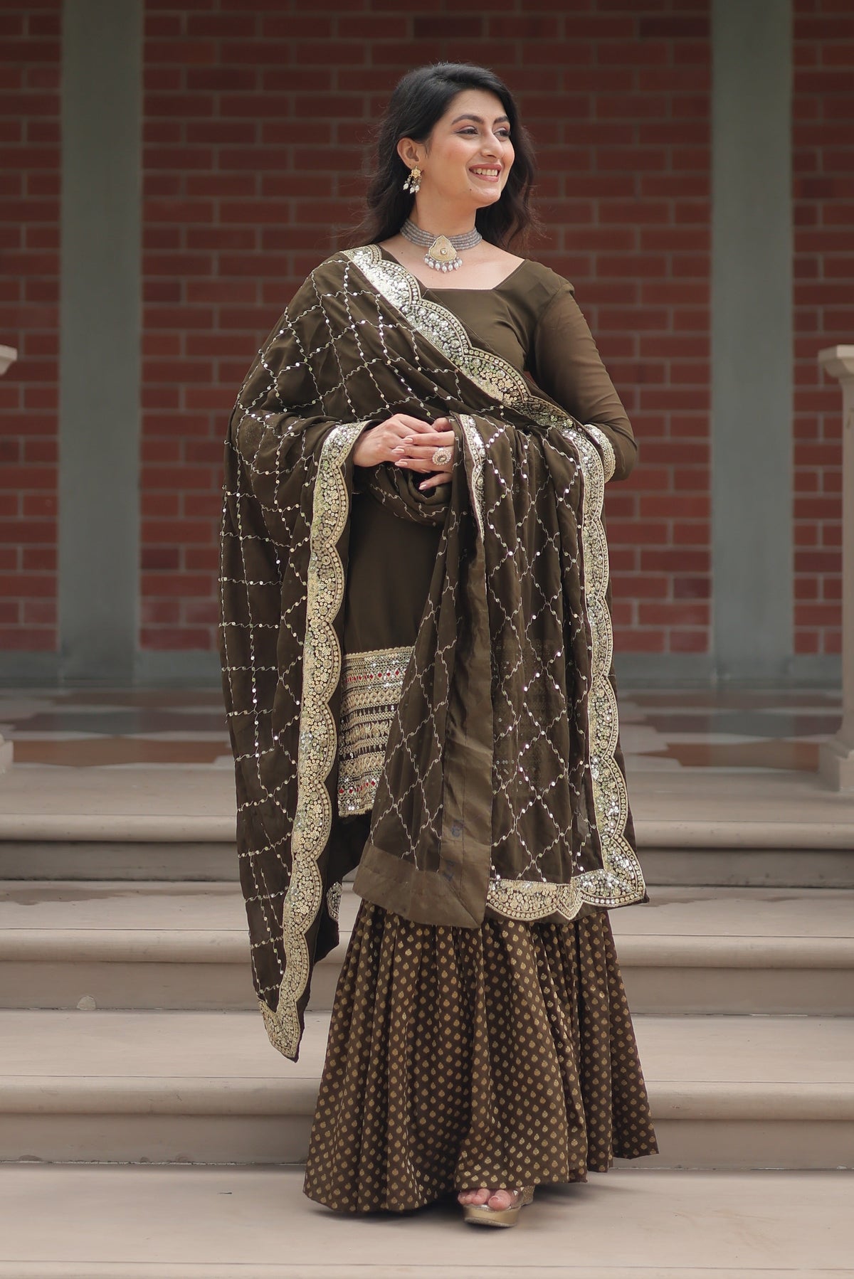 Vedant Vastram Heavy Embroidery & Sequins Work Pure Georgette Top Sharara Set With Dupatta - Mehendi | Grocsy