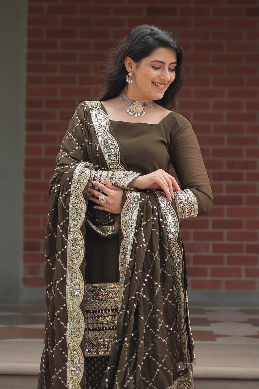 Vedant Vastram Heavy Embroidery & Sequins Work Pure Georgette Top Sharara Set With Dupatta - Mehendi | Grocsy