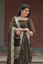 Vedant Vastram Heavy Embroidery & Sequins Work Pure Georgette Top Sharara Set With Dupatta - Mehendi | Grocsy
