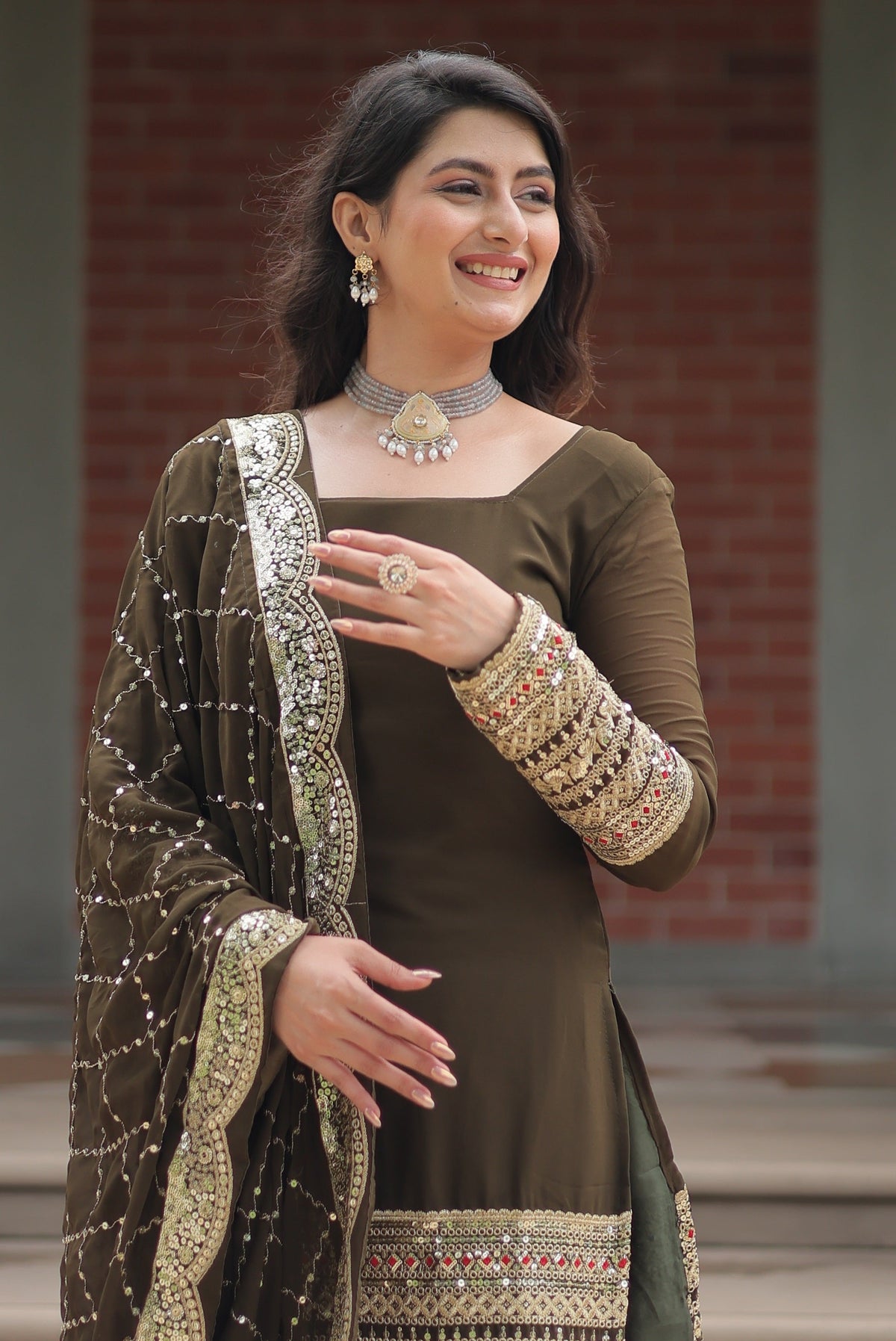 Vedant Vastram Heavy Embroidery & Sequins Work Pure Georgette Top Sharara Set With Dupatta - Mehendi | Grocsy