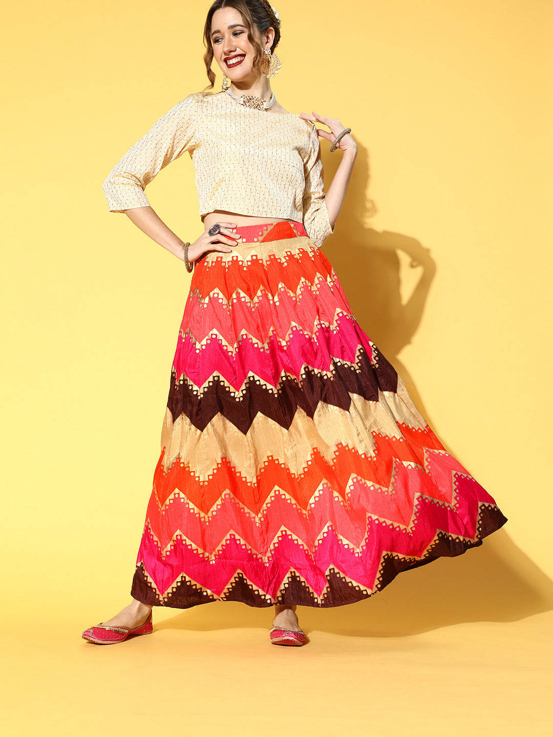 Juniper Women Coral Silk Crepe Printed Flared Lehenga Choli Sets | Grocsy